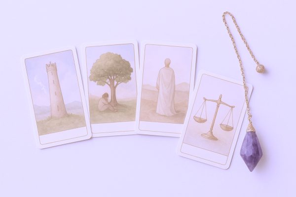 Cartes de tarot et pendule disposés sur un autel de cartomancie